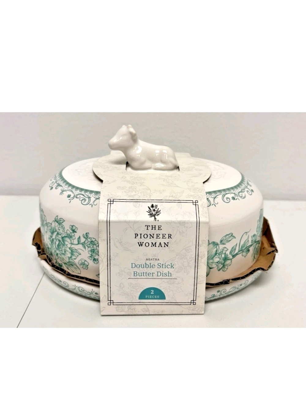 The Pioneer Woman Green Floral Double Stick Butter Dish with Cow Handle